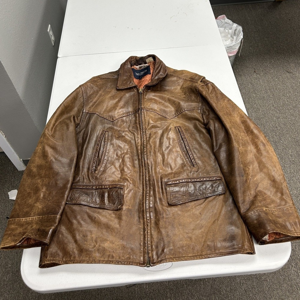 French Connection Leather Jacket Mens L Brown Distressed Quilted Zip Up C3